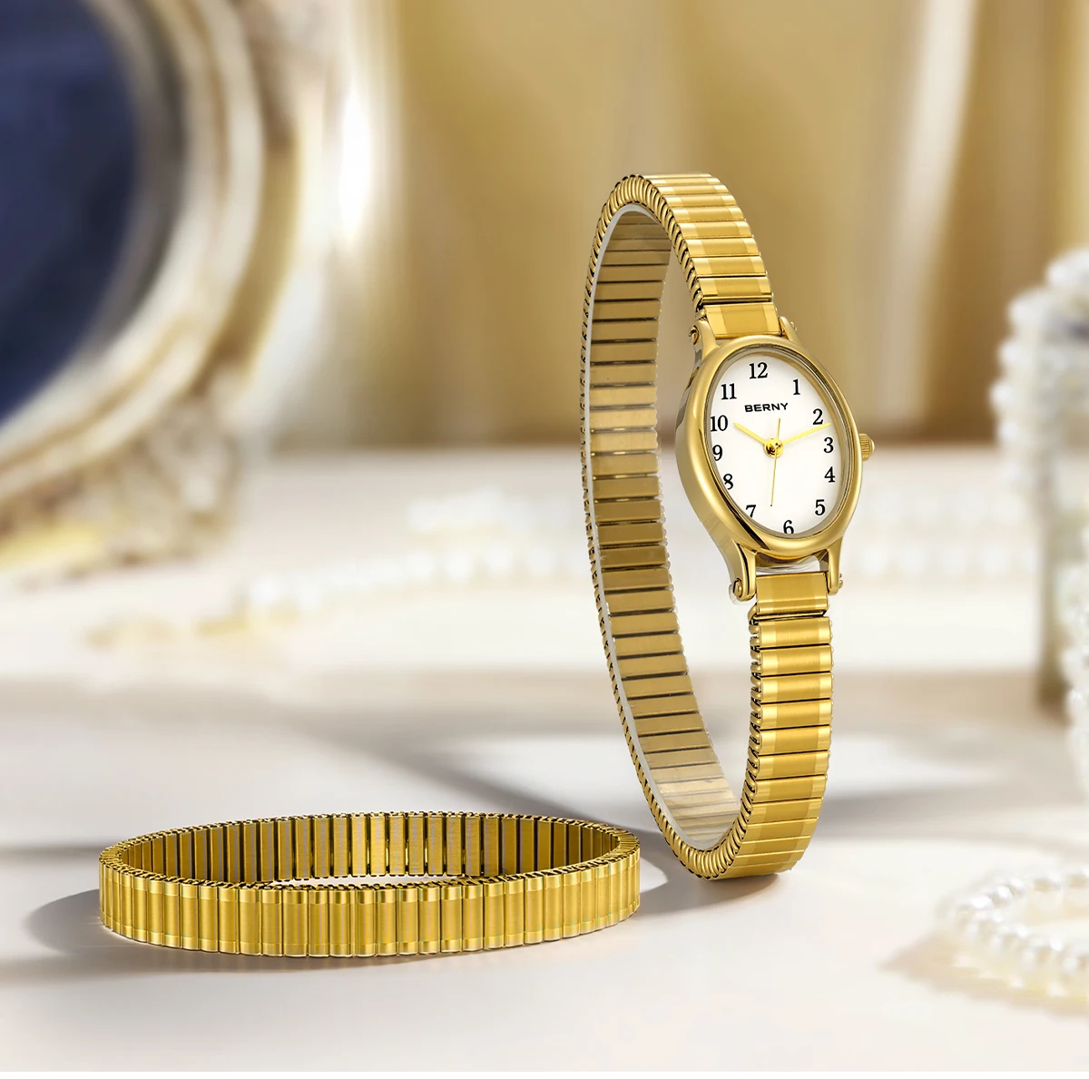 BERNY Goldene Uhren für Damen, luxuriöses goldenes elastisches Armband, elegante, leicht ablesbare Damenuhr, Stretch-Armband, Kleiderarmbanduhr – Detail 10