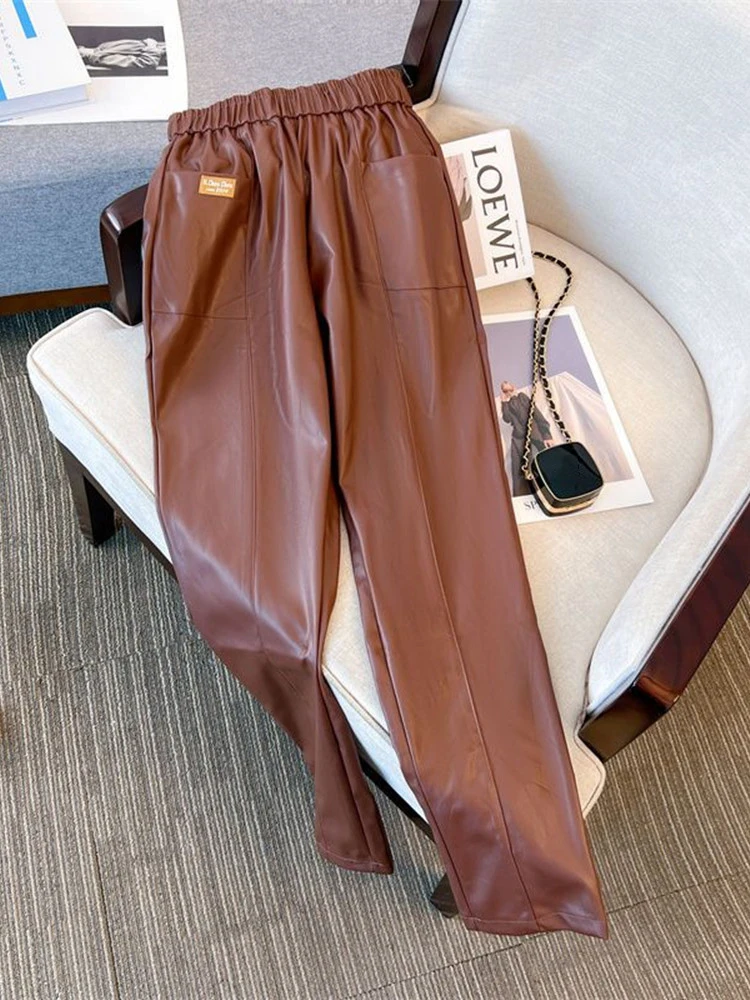 Women Leather Pants Elastic Waist Stright Solid Faux Leather Pants Autumn Winter Loose Casual All-Matched Office Ladies Trousers