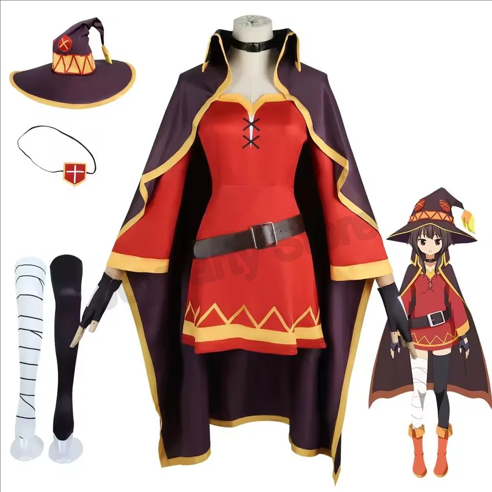 Disfraz de Bruja Megumin de Anime, Conjunto Completo KonoSuba con Capa, Sombrero, Antifaz, Medias, Disfraz de Fiesta