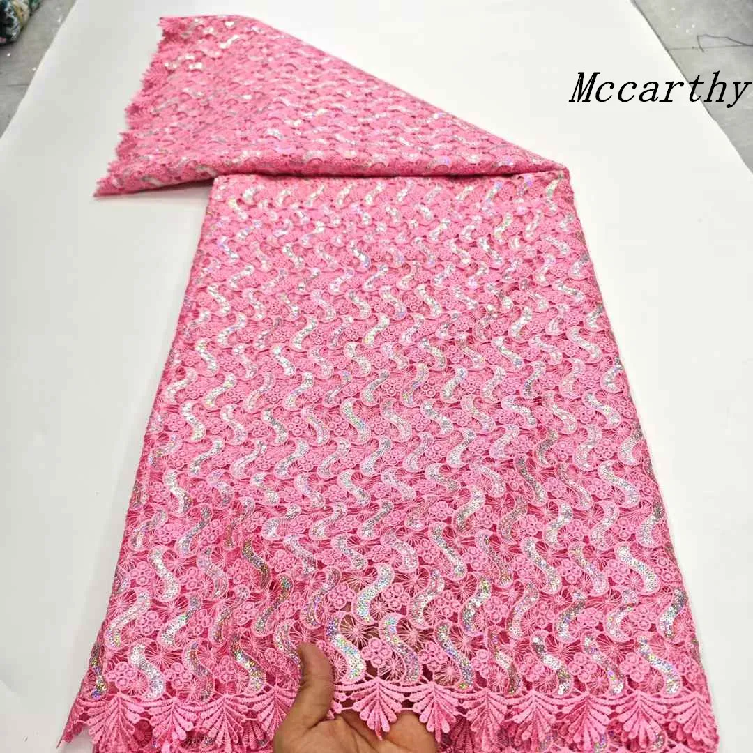 

High Quality Pink Net Lace Embroidered 3D Flower African Nigerian Guipure Cord Sequins Fabric Dubai Fashion Sewing Dress