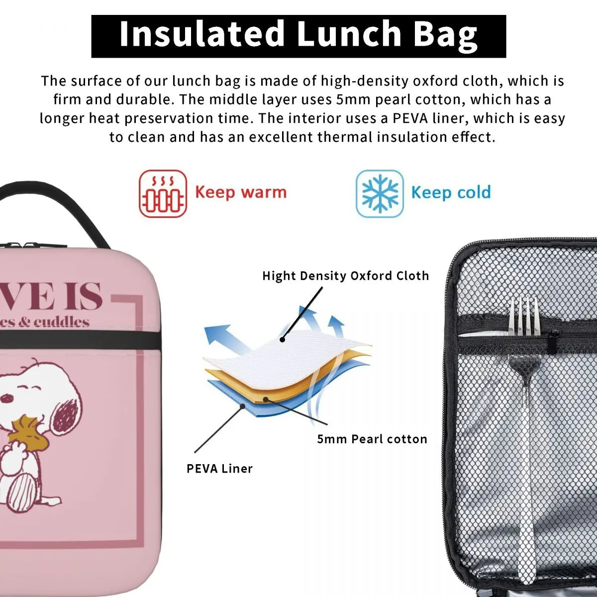 Snoopy Woodstock Pink Love borsa termica per il pranzo borsa termica riutilizzabile portatile Tote Lunch Box per uomo donna College Picnic