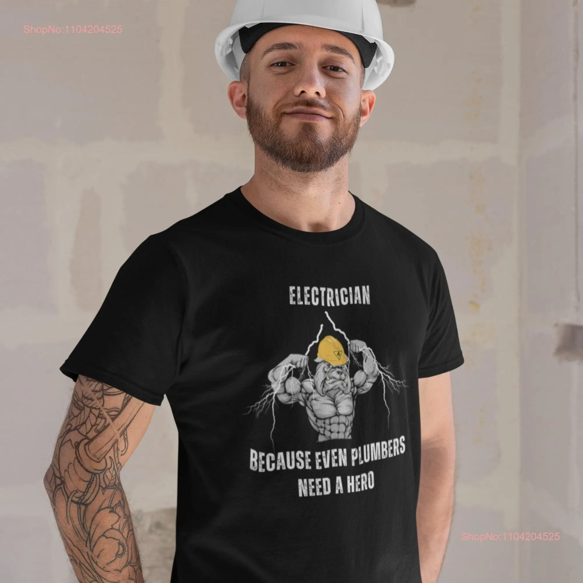 Electrician T Shirt Electrical Journeyman Apprentice Lineman Sparky Even Plumbers Need A Hero Hard hat Muscular Dog Lightning