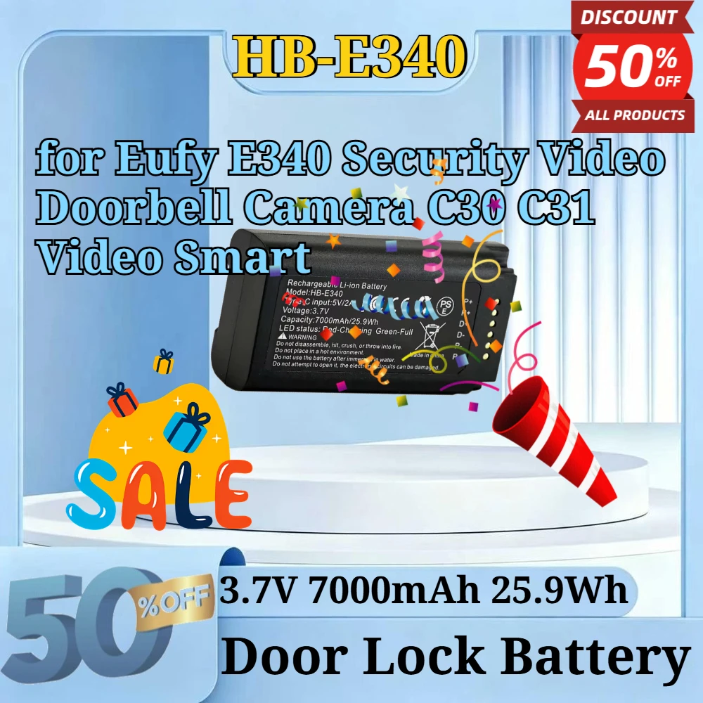 HB-E340 3.7V 7000mAh 25.9Wh Type-C Replacement Li-ion Battery for Eufy E340 Security Video Doorbell Camera C30 C31 Video Smart