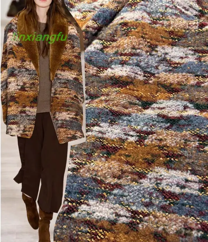 Brown yellow autumn leaf fabric, colorful oil painting texture knitted fabric,creative fashion fabric for coat and top designers