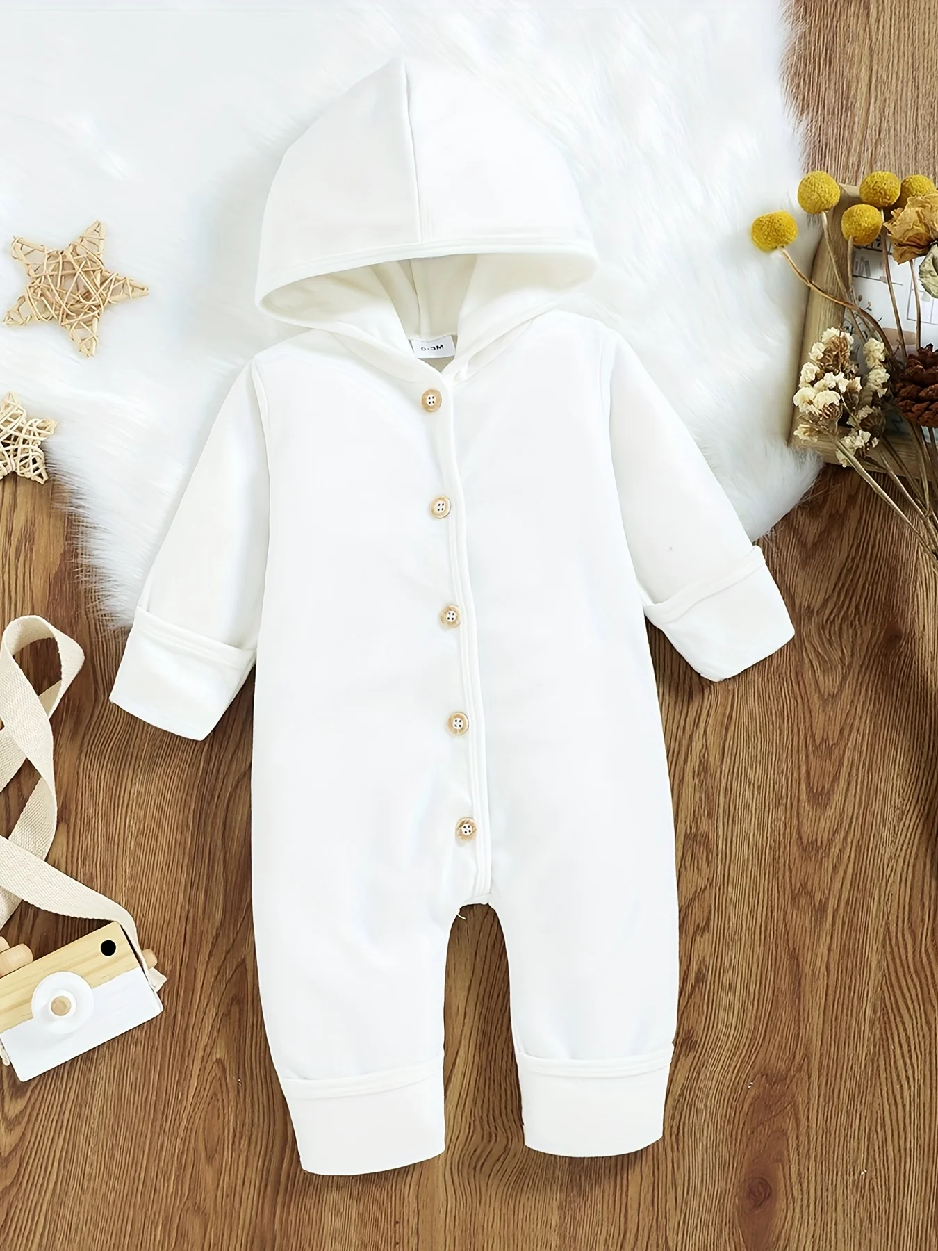 Unisex Baby Romper Autumn Winter Casual Solid Color Button Hooded Onesie for Boys And Girls