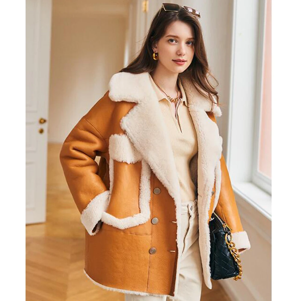 Denny&Dora Womens Shearling Sheepskin Jacket Womens Shearling Aviator Jacket Warmest Winter Coats Casual Coat