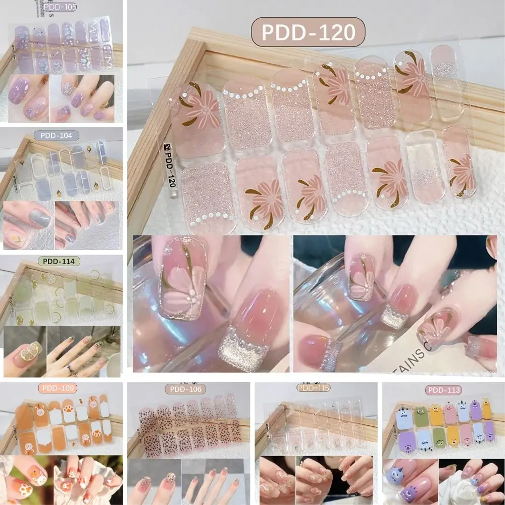 1PC INS Trendy 14Strips Gel Nail Stickers Semi Cured Floristic Nail Patch Easy To Removal Waterproof Full Cover Nail Stickers