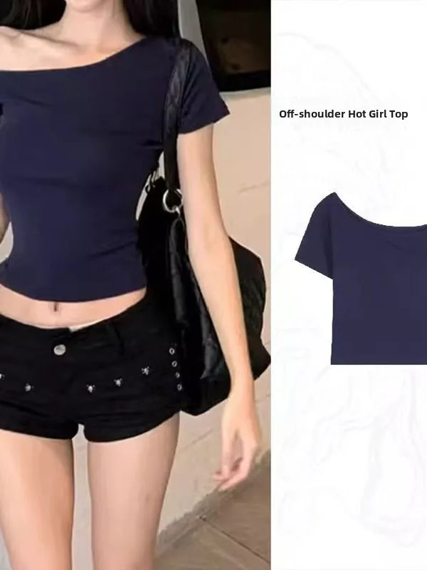 Slim Fit American Sle Hot Girl Diagonal oulder ort Sve T-irt Summer New Arrival Versatile ort Length Women's Top