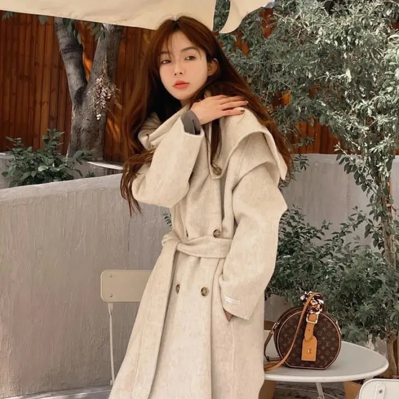 Women\'s Handmade 100% Wool Cashmere Long Jacket Coat with Belt Winter Scarf Collar Luxurious Slim Warm Overcoat Outerwears