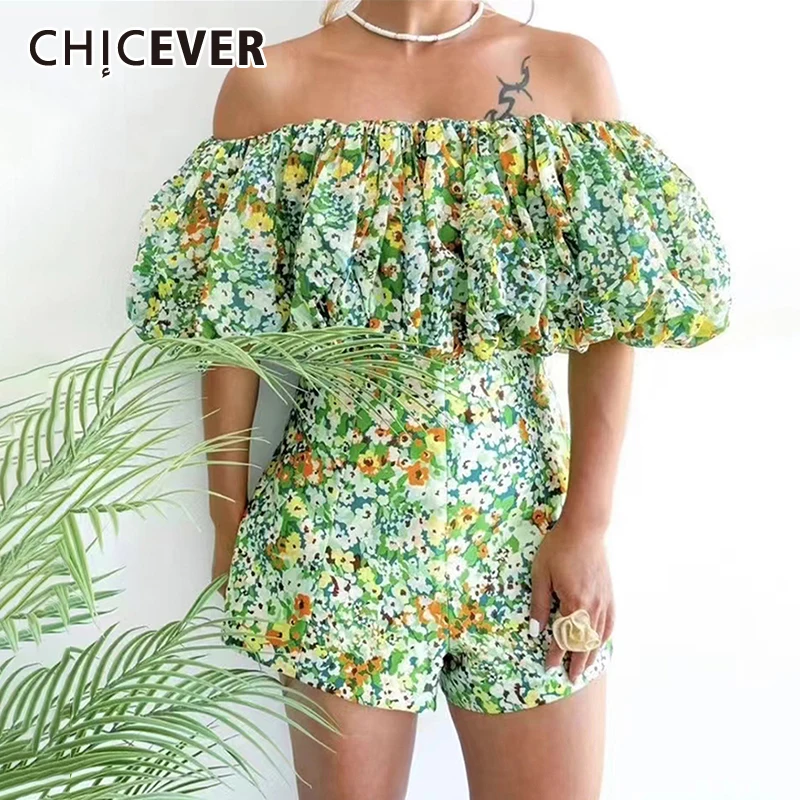 

CHICEVER Print Two Piece Sets For Women Salsh Neck Short Sleeve Tops High Waist Patchwork Zipper Shorts Hit Color Set Female New