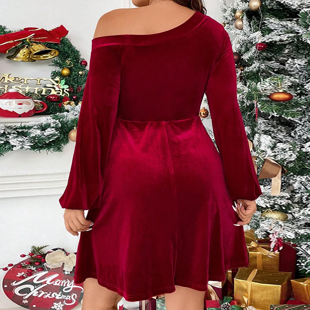 Plus Size Velvet Elegant Dress Female One Shoulder Bodycon Cloth Evening Dinner Mini Outfit 2024 Spring Women Casual Party Dress