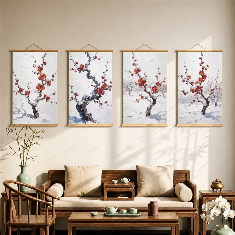 Chinese Botanical Pearlescent Canvas Wall Hanging Scroll Red Plum Blossoms on Ancient Ink Branches for Entryway Wall Decor