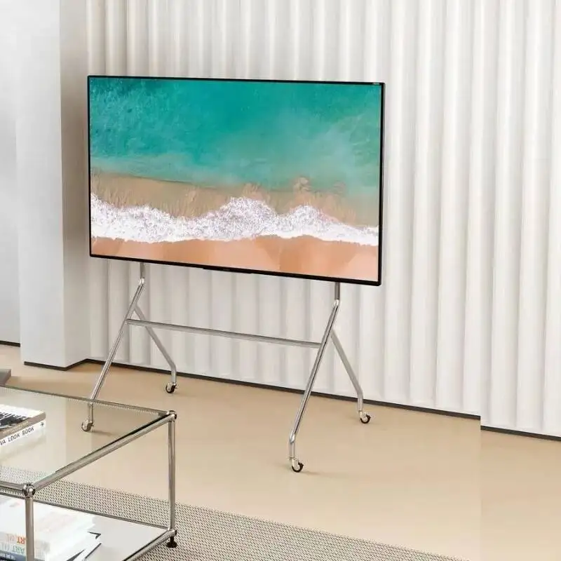 TV Racks Eco-Friendly Rolling TV Stand Stainless Steel Modern Minimalist No Wall Damage Ideal for Temporary Setups and Events