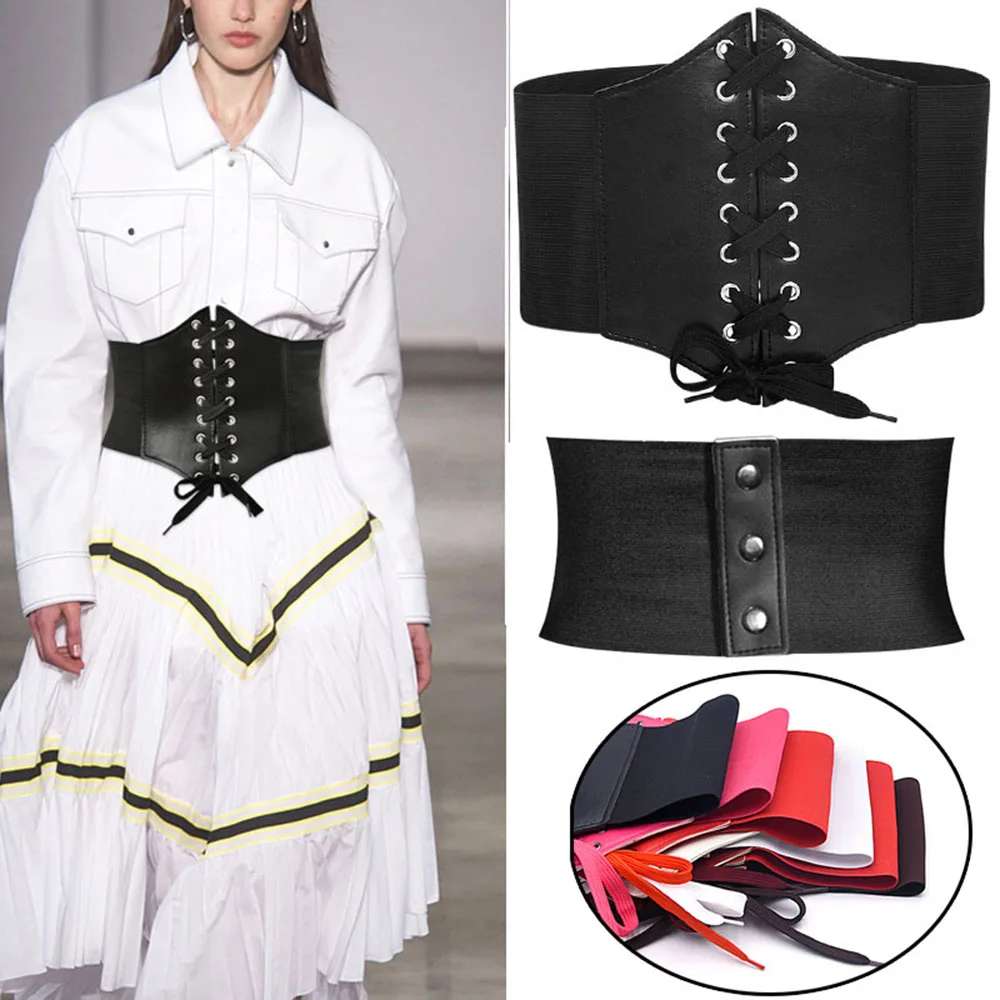 Women's Wide Corset Belt Gothic Style PU Leather Lace Up Belts Slimming Waist Cummerbunds high Elastic Wide Belt for Girl