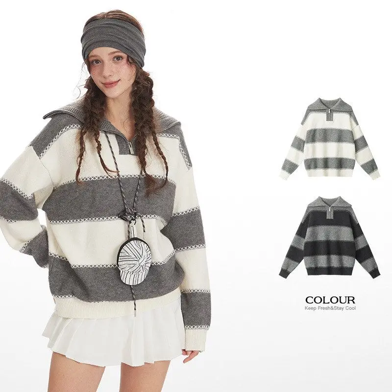 

HeyHenry женский трикотаж на молнии Ne Lazy в полоску, свободная верхняя одежда, свитер на голове, осень-зима, модная пара...