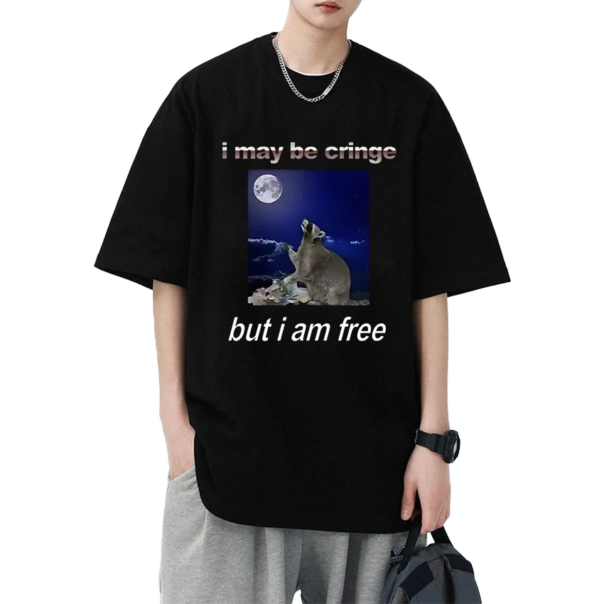 

2025 New I May Be Cringe Funny Raccoon Graphic Graphic short sleeve T-shirts Unisex harajuku T shirt Men Women 100% Cotton Top