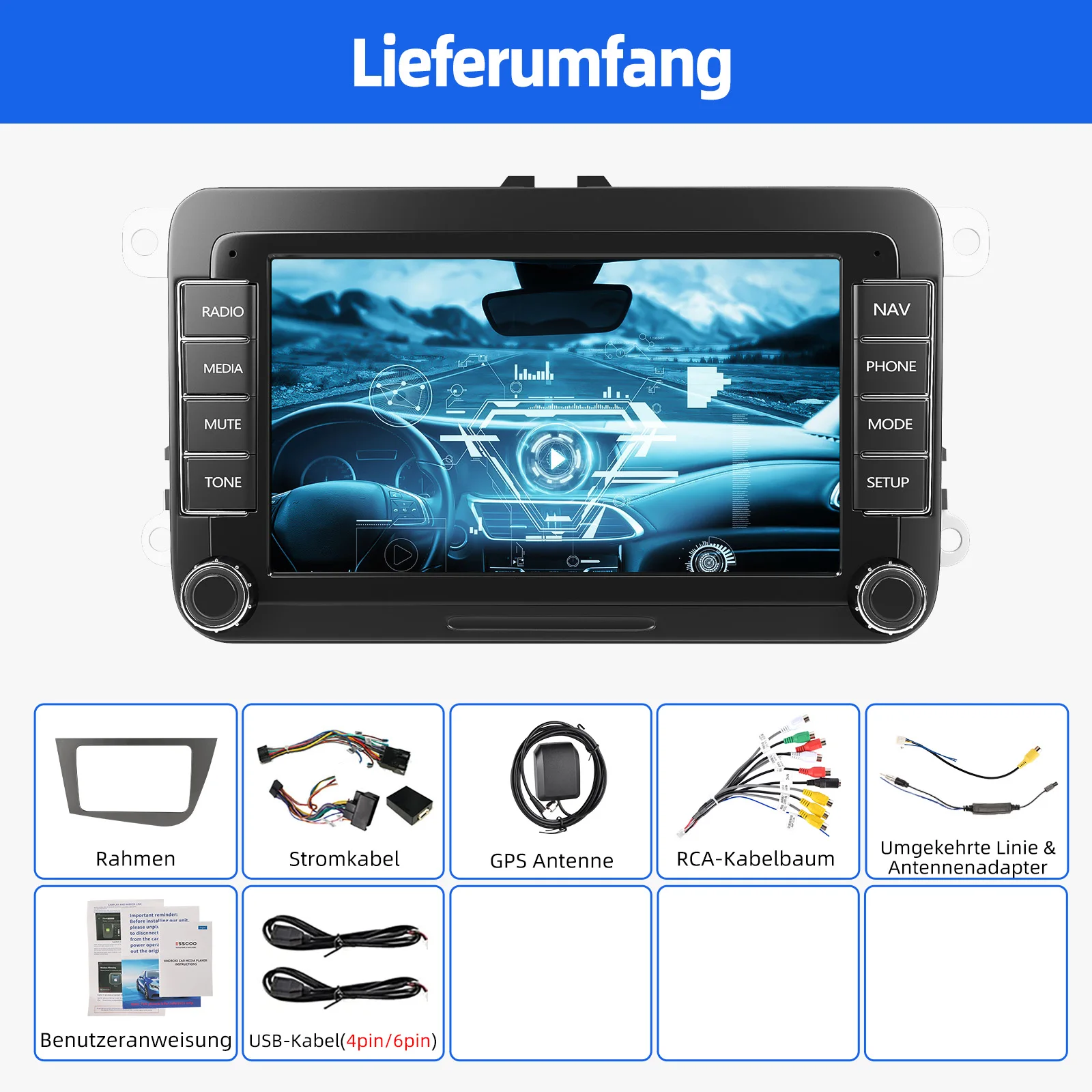 ESSGOO 7'' 32/64GB Android 15 Für Seat Leon 1P1 05-11 Touchscreen GPS Navi WIFI RDS Kabelloses Carplay Android Auto AI Sprachsteuerung Headunit – Detail 16