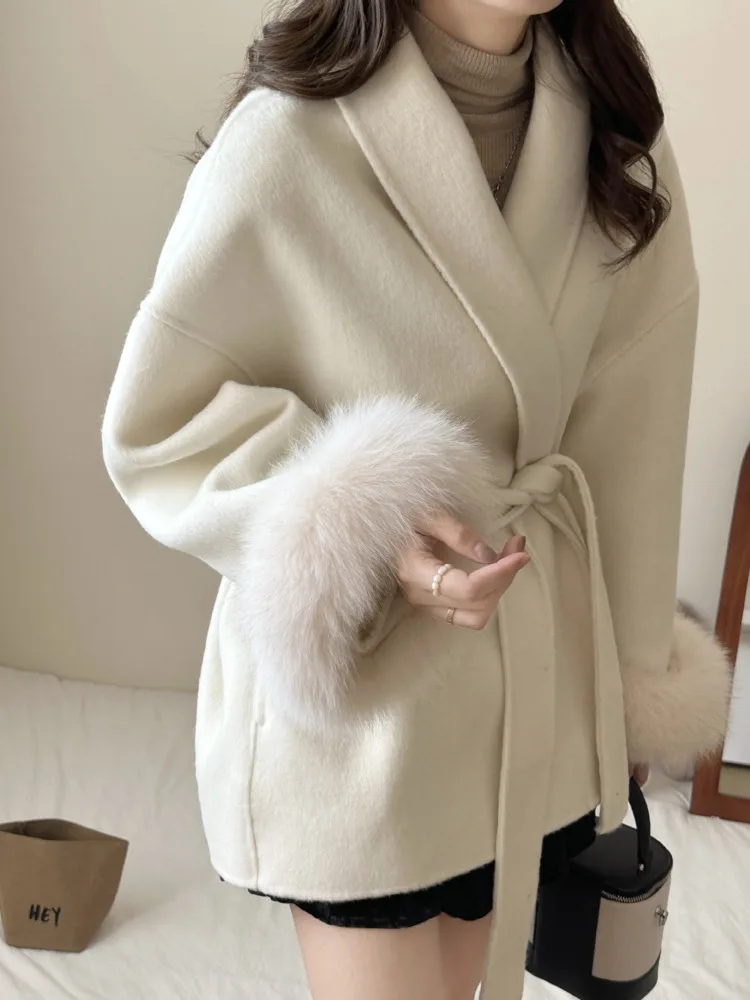 LANMREM Double Sided Wool Coat For Women Fox Fur Stitching Sleeves Lapel Solid Color Belt Coats Woolen Clothing Winter 2DA2598