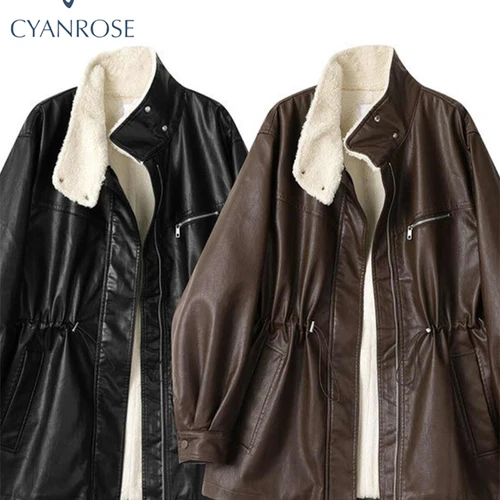 여성용 블랙 고딕 가죽 재킷, 캐주얼 PU 루즈 오토바이 재킷, 여성 스트리트웨어, 오버사이즈 머스탱 아웃웨어, 새로운 옷 2024 