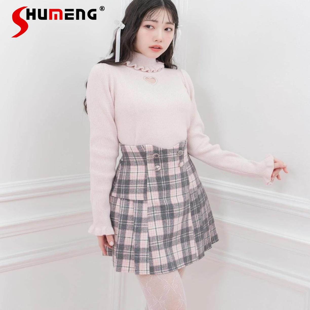 Japanese Girl Sweet Cute Turtleneck Inside Sweater Autumn Winter Love Hollowed Out Slim-Fit Knitted Pullovers Women Knitwear Top