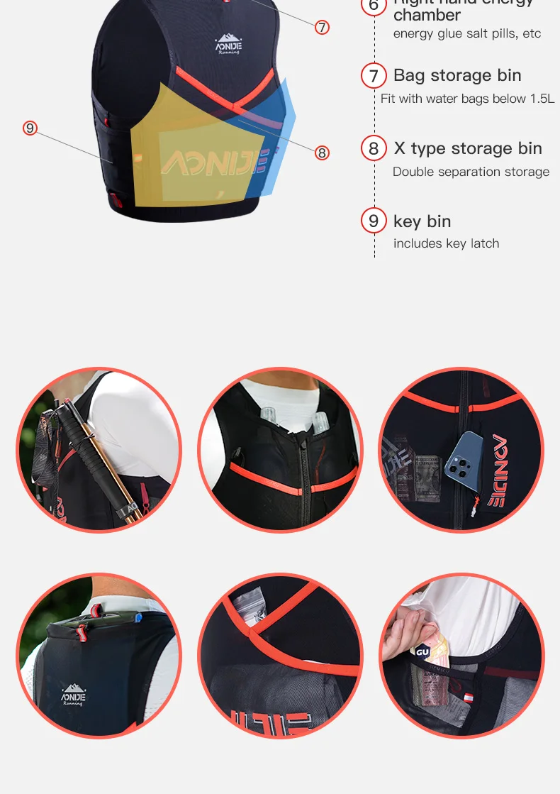 AONIJIE C9106 10L Quick Dry Sports Backpack Hydration Pack Vest Bag with Zipper for Hiking Running Marathon Water Bladder Bottle