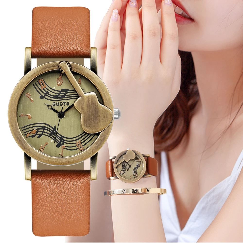 Vintage Leather Women Fashion Quartz Watch Luxury Brand Simple Guitar Female Watches Casual Ladies Wristwatches Reloj De Mujer