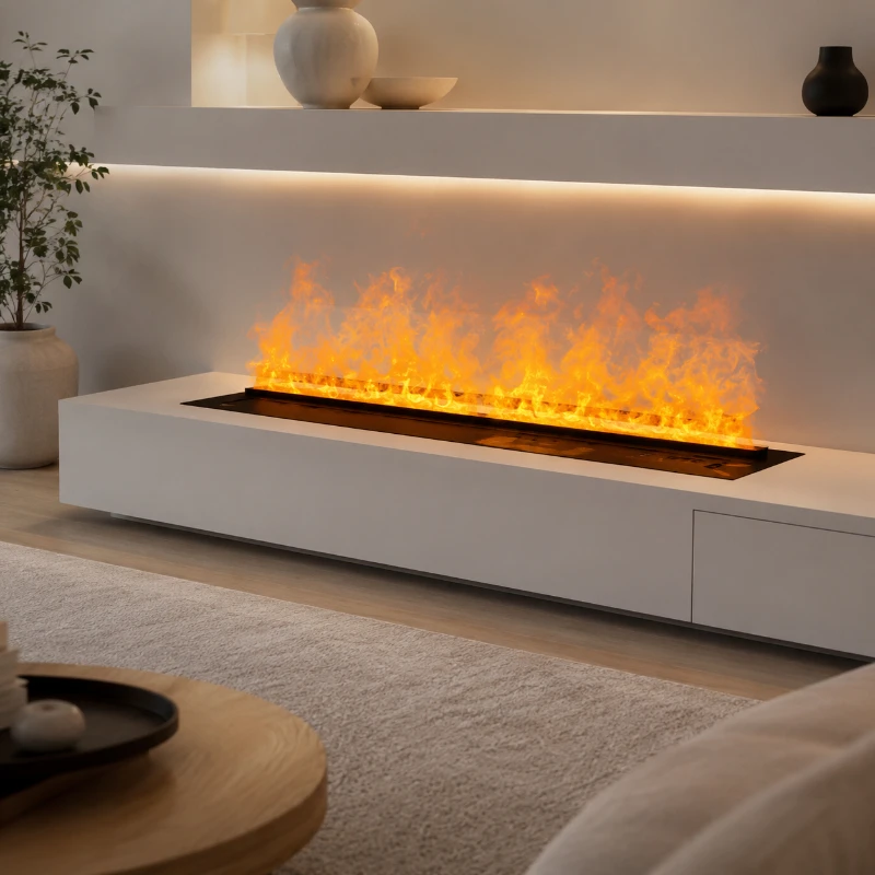 Advanced water vapor technology creates a realistic flame illusion, bringing a cozy and modern atmosphere without real fire risk