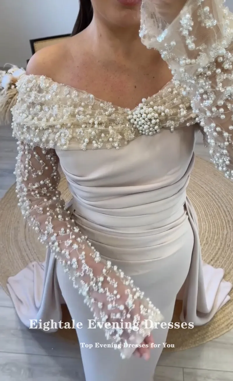 Eightale Arabic Evening Dress off Shoulder Sequin Pearls Long Sleeves Customized Mermaid Wedding Party Dress Vestido De Noche image 6