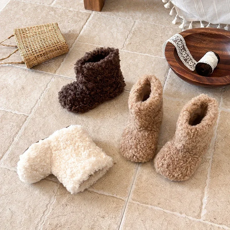 Little Kids Curly Fuzzy Plush Winter Boots, Slip‑On Warm Fluffy Non‑Slip Flat Short Boots