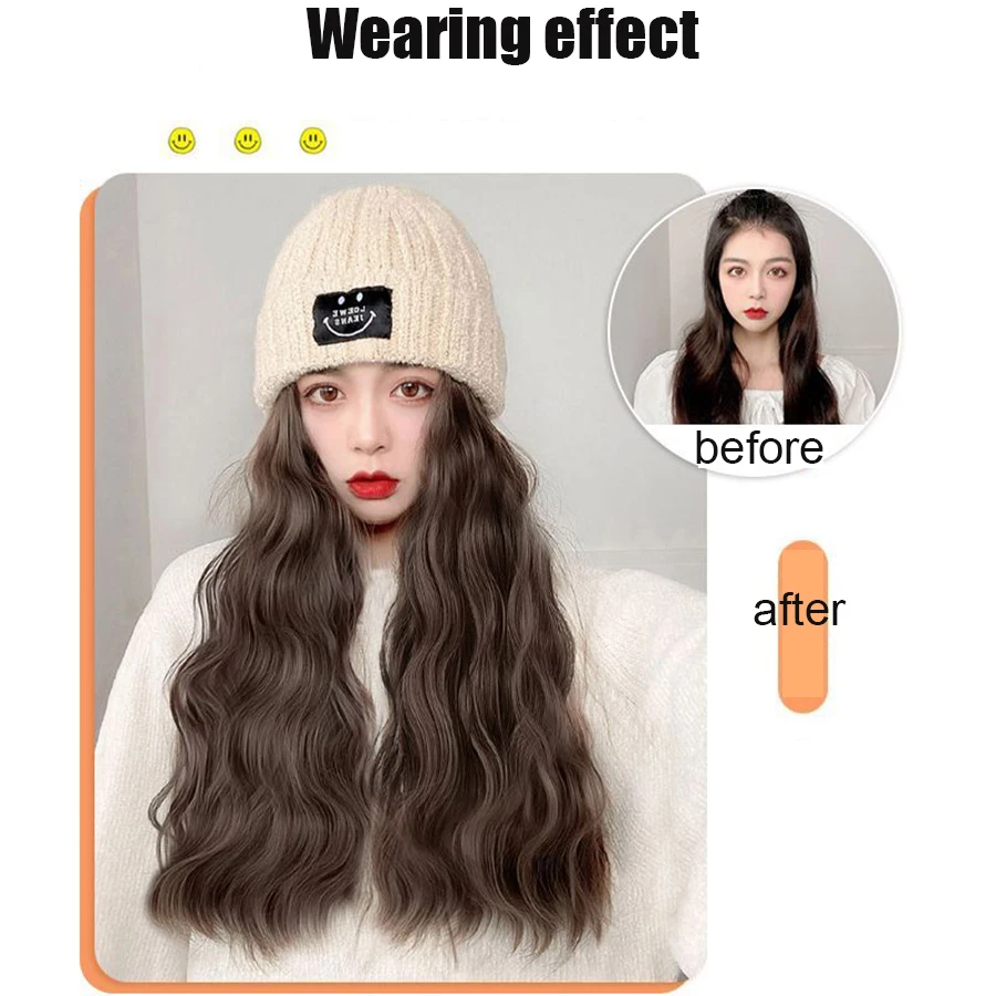 Long Straight Hat Wig Natural Brown Wigs Connect Synthetic Synthetic Knitted hat Hair Wig Hat Wig Adjustable For Women