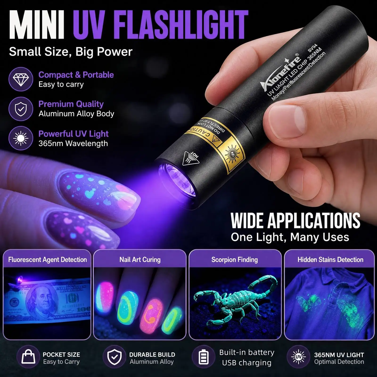 Alonefire SV94 365/395nm LED Mini UV Flashlight USB Rechargeable Torch Pet Cat Stain Tinea Marker Money Ore Jade Scorpion Lamp