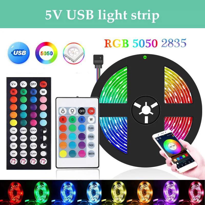 Pita LED Bluetooth, 1 m-30 M Strip LED Bluetooth 5050 DC5V RGB Strip WIFI 44Key USB lampu LED pita fleksibel garis RGB pita kontrol aplikasi