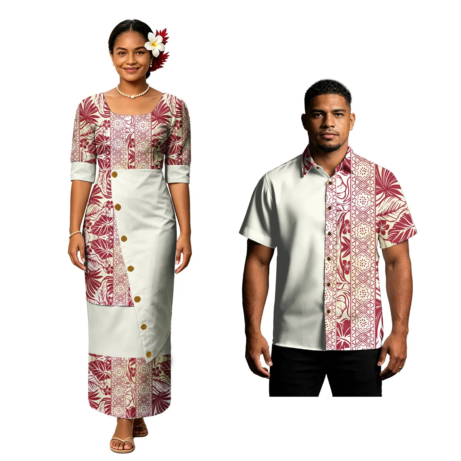 Polynesian Island Beach Party Men's Aloha Shirts Ladies Midi Sleeve Samoan Puletasi Tribal Design Elegant Fashion Couple Outfits