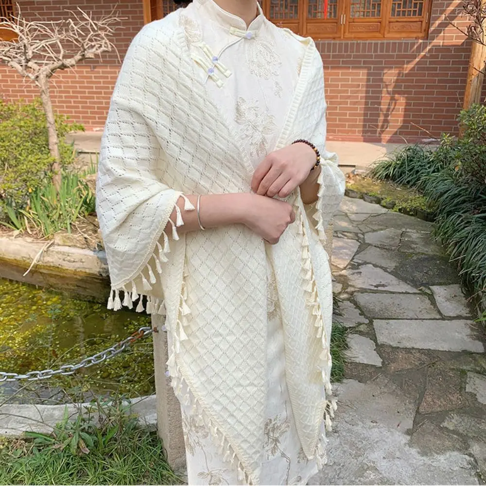 

Chinese Style Knitted Shawl Wraps Cloak Triangular Cape Clothes Decoration Scarf Accessories Knit Scarf Cheongsam Accessories