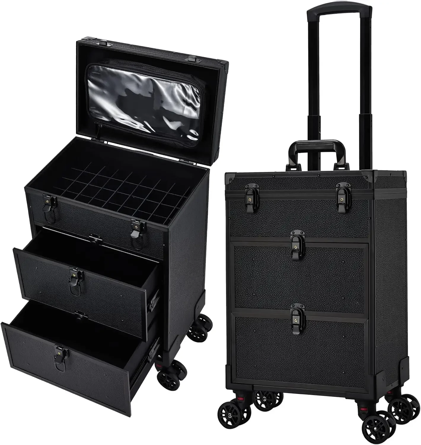 3 in 1 Rolling Makeup Case Cosmetology Case on Wheels 2 Large Drawer Nail Case Trolley Traveling Cosmetic Train Cas