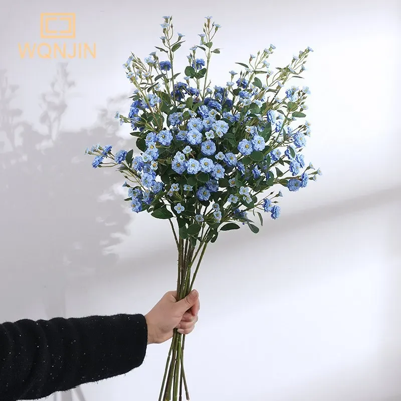 

WQNJIN 75cm Blue High Quality European Mini Roses Long Branch Artificial Silk Flowers Table Centerpiece Room Decor Gift box