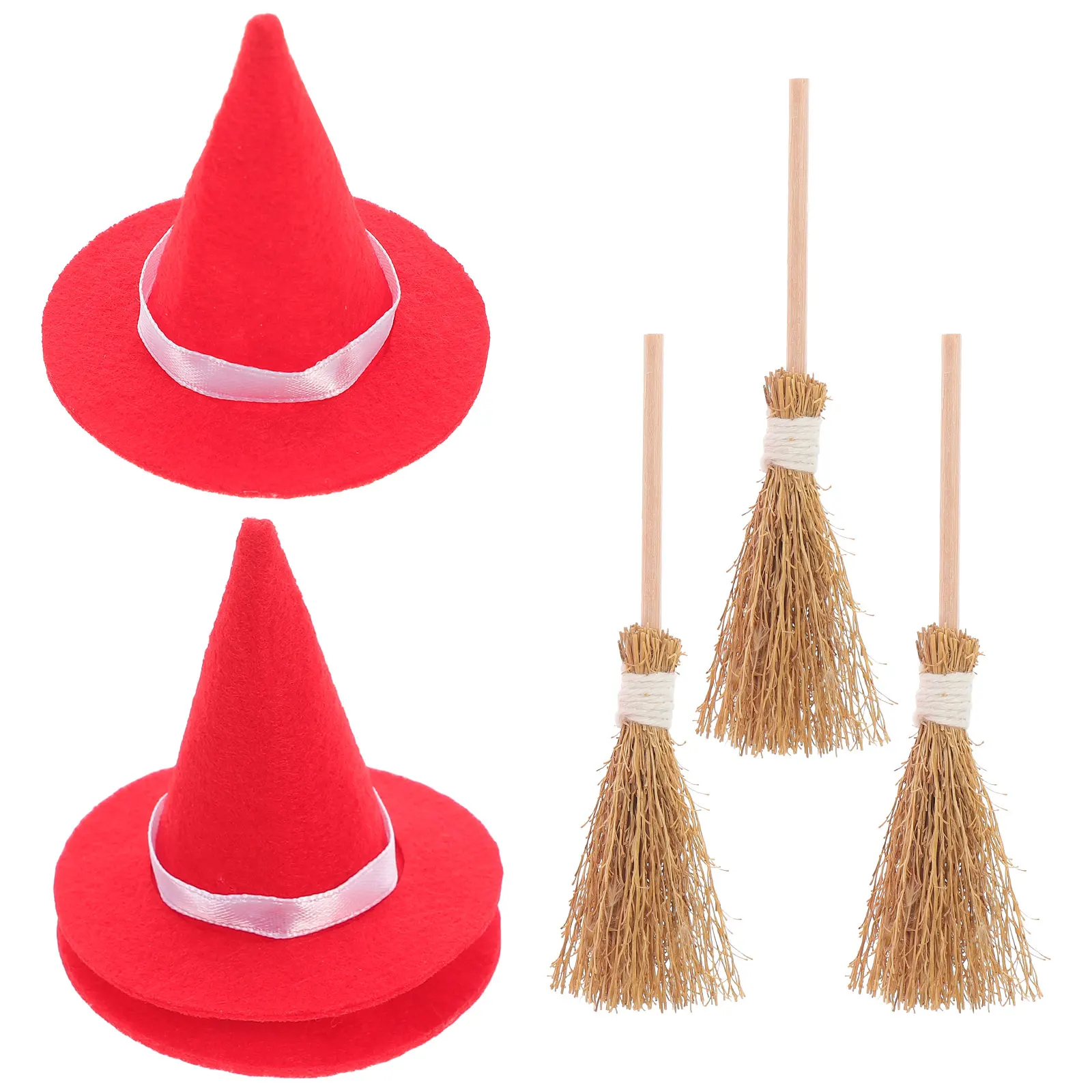 

3 Set Witch Hat Small Broom and Accessories Halloween Decorations for Party Mini Hats Crafts Pumpkin Brooms
