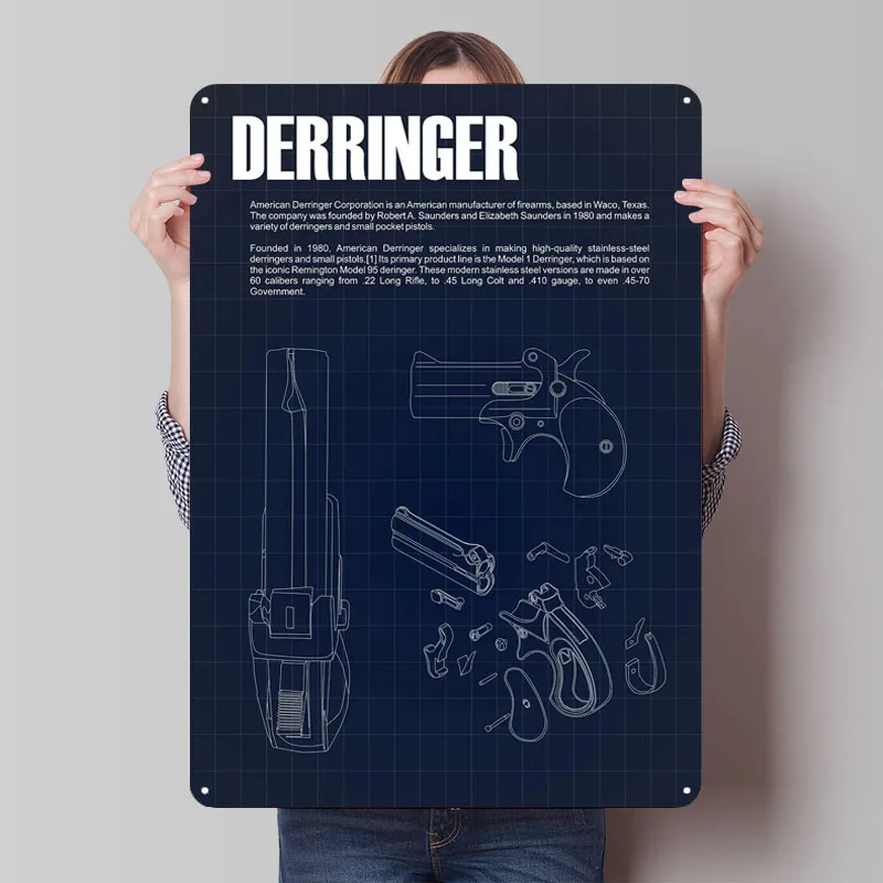 Póster de Derringer armerico, planos, letrero de Metal, adornos de habitación, carteles de estaño personalizados para hombre, cueva, decoración artística de pared, decoración de habitación para hombres