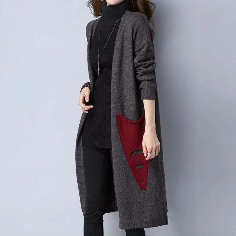 Women\'s Sweaters Cardigan Midi Sweater Autumn and Winter New Korean V-neck Long Sleeve Pocket Patchwork Knitted Stylish Coat