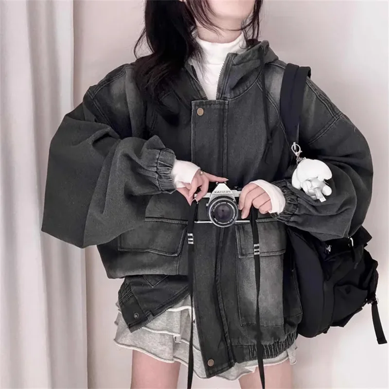 Loose Blue Denim Jacket with Big Pockets And Hood for Women Casual Versatile Cotton Coat with Elastic Bottom And Zipper
