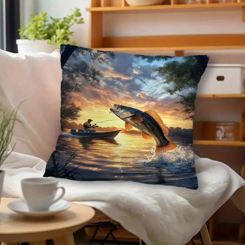 Sunset Bass Fishing Print Throw Pillow Cover Realistic Lake Fishing Scene Cushion Case for Outdoor Angler Cabin Home Decor Couch