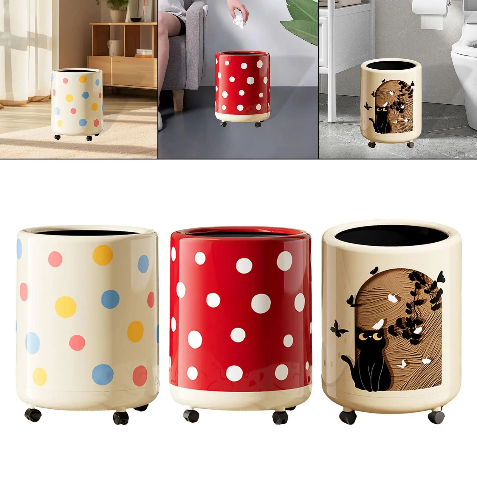 Polka Dot Trash Can Recycling Bin Double Layer 12L with Wheels Modern Garbage Can Waste Bin for Bedroom Bathroom Kitchen Dorm