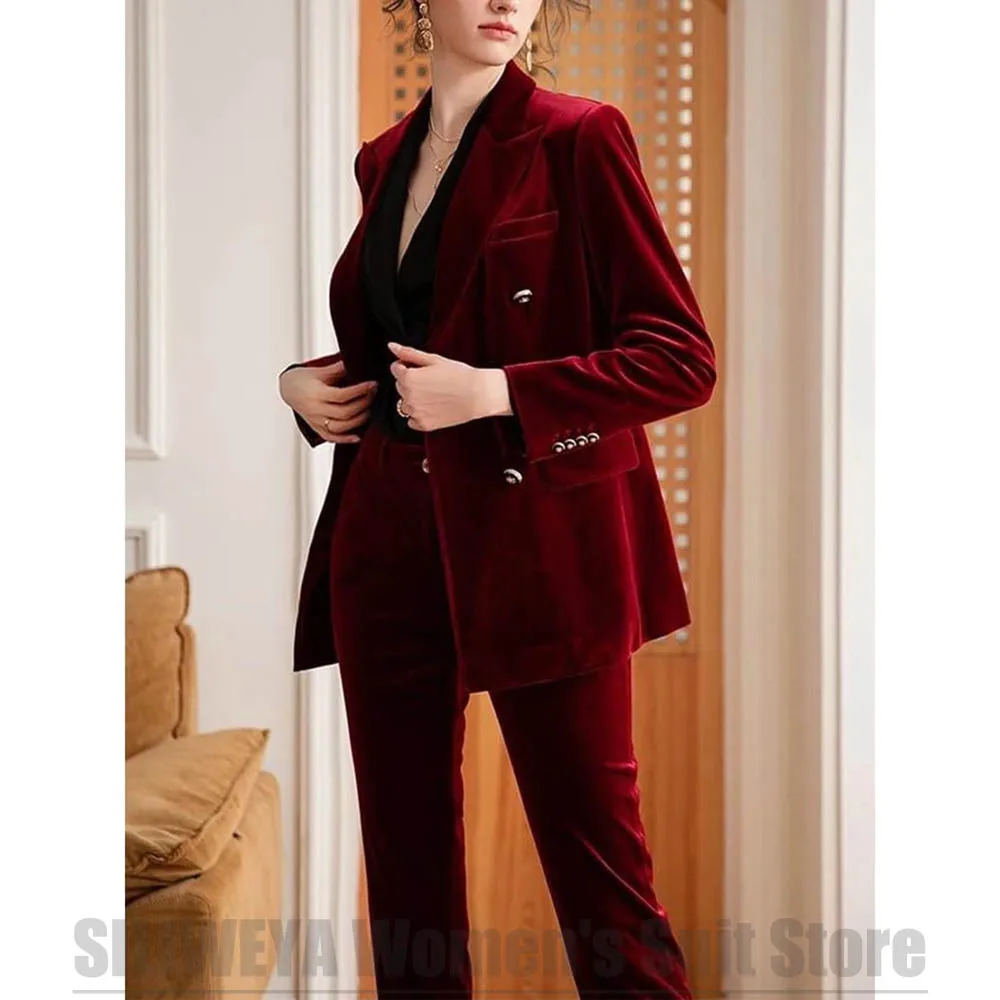 Women Burgundy Velvet Double Breasted 2 Piece Suit Blazer Pants Office Business Casual Wear For Ladies Slim Fit Outfit