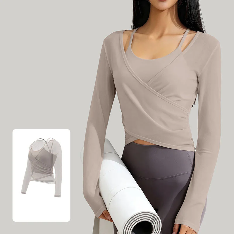 Aiithuug 2 in 1 Mesh Yoga Shirt with Bra with Mesh Cover Up Gym Shirt Long Sleeve Tops Breathable Quick Dry Running Top Slim Fit