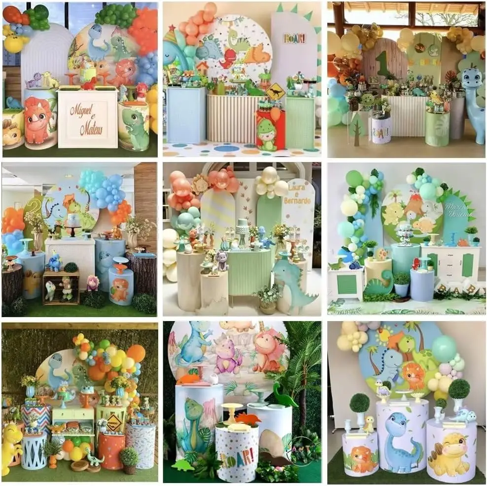 오렌지 만화 공룡 실린더 받침대 커버, 생일 파티용 신축성 받침대 원단 커버, 베이비 샤워 파티 식탁보