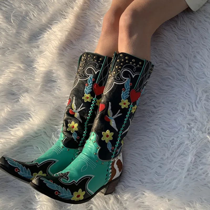 2023 Winter Blue Western Cowboy Boots Women Shoes Thick Heels Pointed Toe Embroidered Mid Calf Boots Fashion Cowgirl Booties