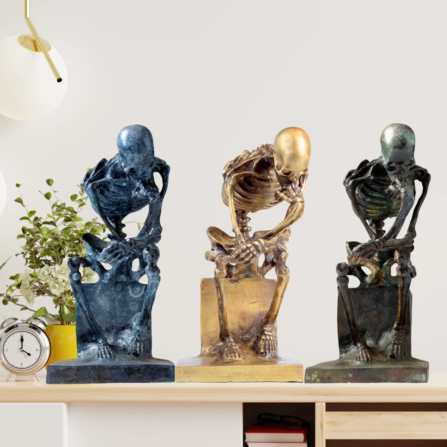 23cm Bronze Skeleton Sculpture Abstract Bronze The Thinker Statue Skull Thinker Statues Antique Art Crafts For Home Office Decor