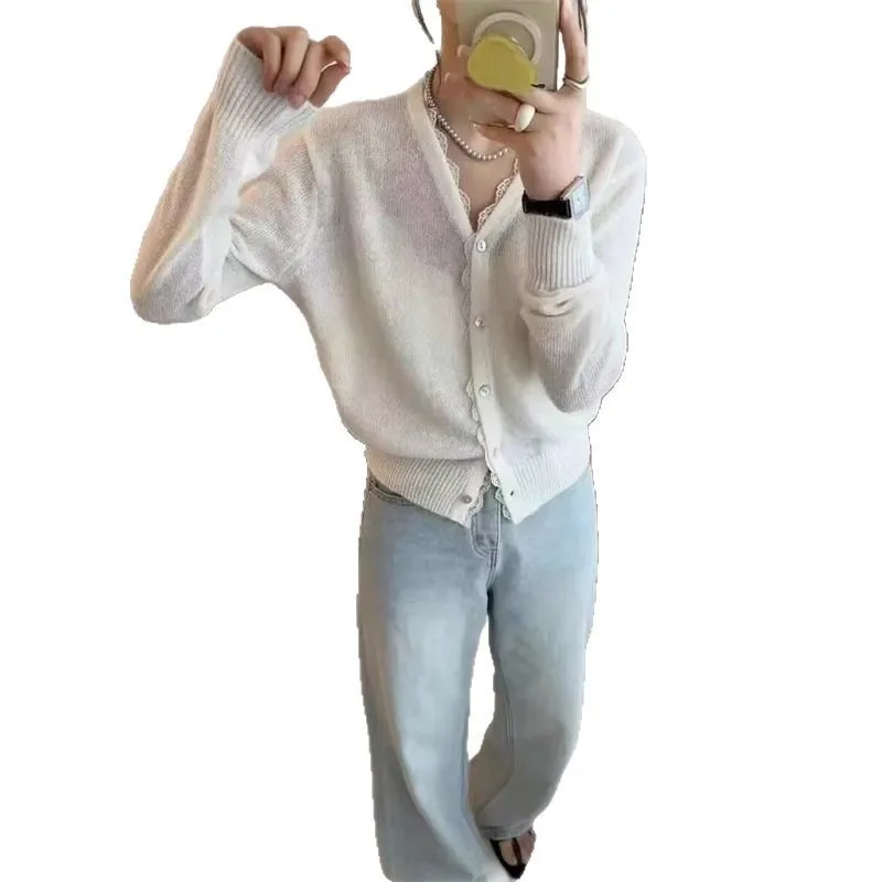 Cardigan en tricot de dentelle douce pour femmes, 25 mode d'automne polyvalente, veste pull fine réduisant l'âge