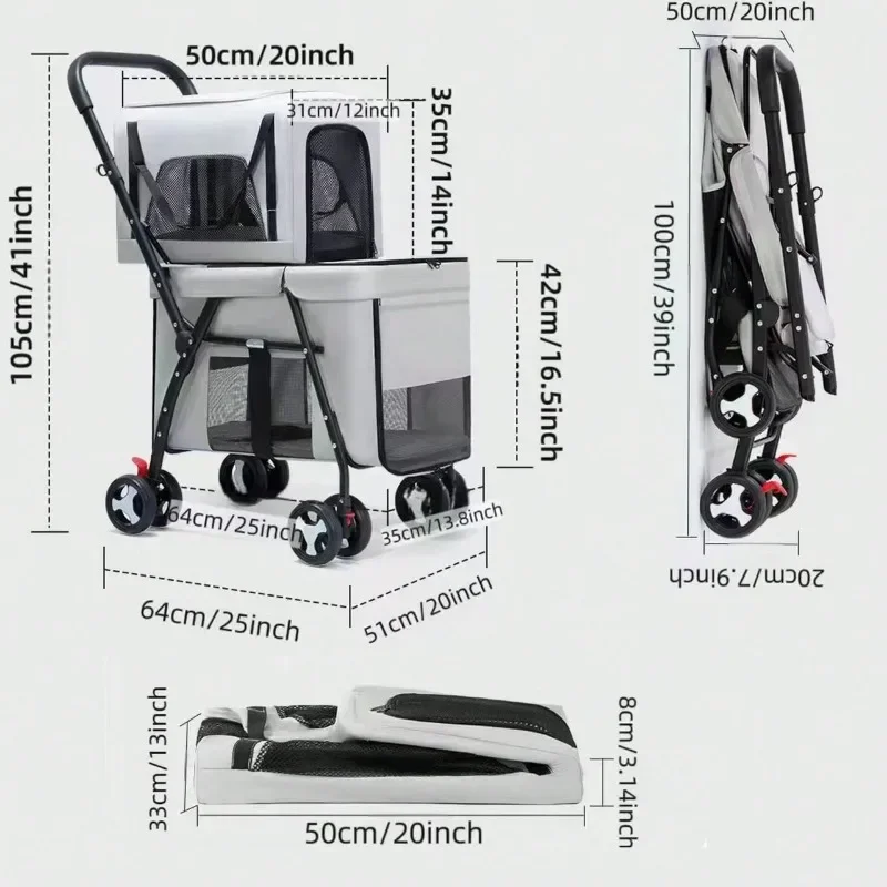 Double Pet Stroller for 2 Small Dogs or Cats Lightweight Foldable Double Cat Stroller with Detachable Carrier Strolling Ca-rt