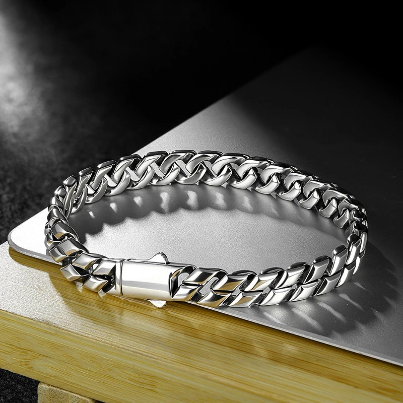 OUYADI European American Punk Style 925 Sterling Silver Men Double‑Sided Cuban Bracelet Fashion Versatile Boss Chain Hand Jewelr